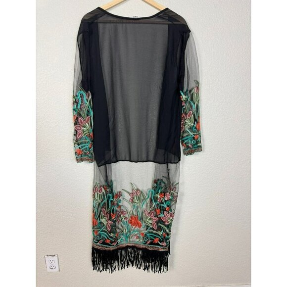 Womens Kimono Cover Up Long Size XXL Black Sheer Floral Embroidered Fringed - Picture 11 of 13